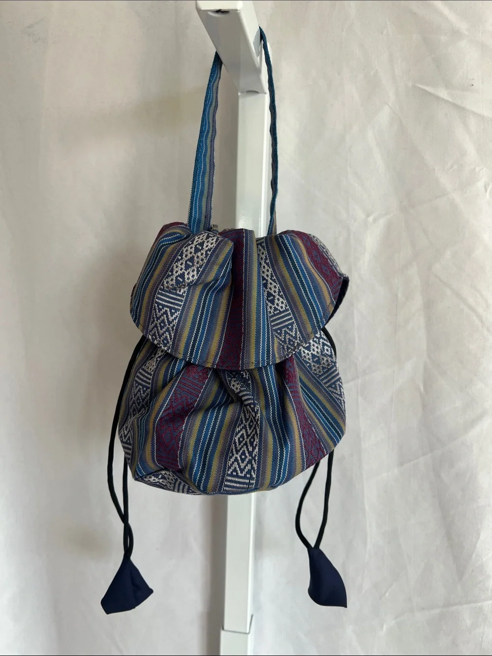 Woven Blue Multi-Stripe Drawstring Bag with Flap on Front & Back Silk Pullstring